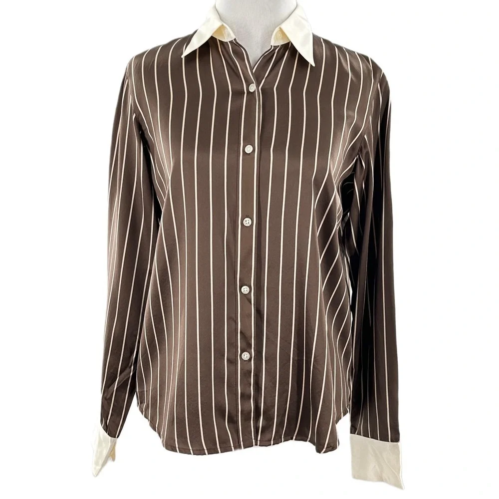 Lauren Ralph Lauren button down top 4P 100% silk brown cream stripes career